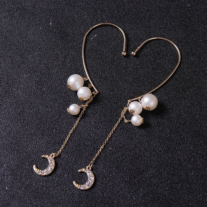 Cercei aurii, ear cuff, lungi, cu perle, Sissy C14