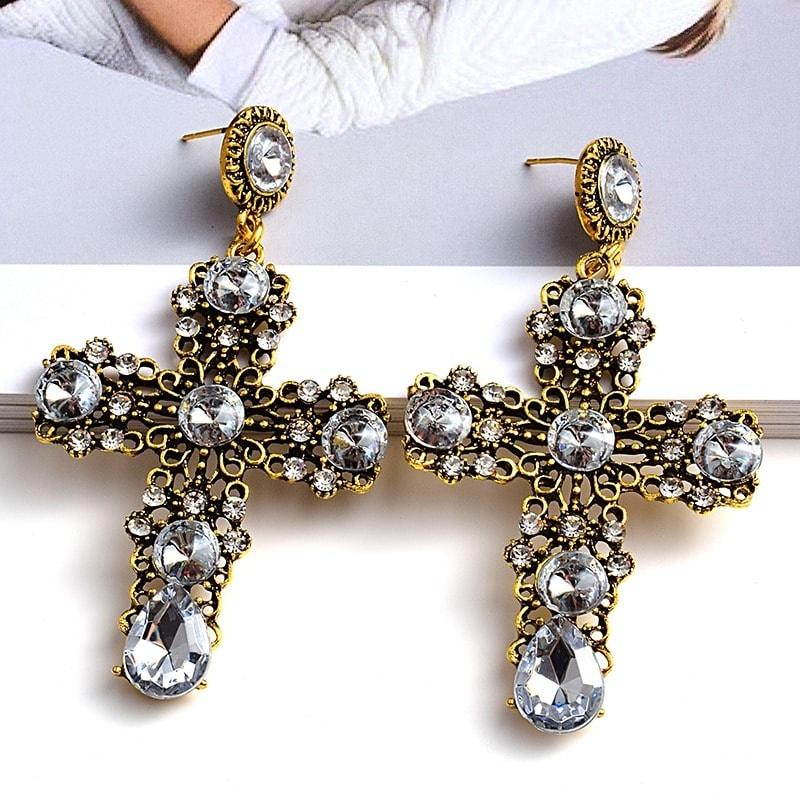 Cercei aurii, forma de cruce, cu pietre, Vira C2 - Pursehuit.ro
