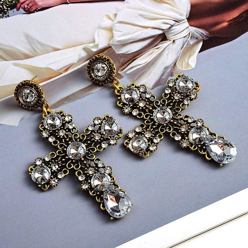 Cercei aurii, forma de cruce, cu pietre, Vira C2 - Pursehuit.ro