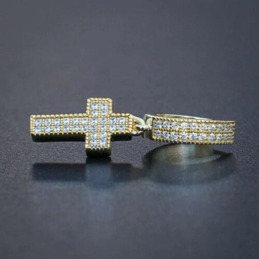 Cercei aurii, forma de cruce, cu pietre din zirconiu, Angelina C14 - Pursehuit.ro