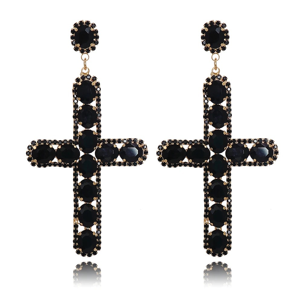 Cercei aurii, forma de cruce, cu pietre negre, Pierre C11