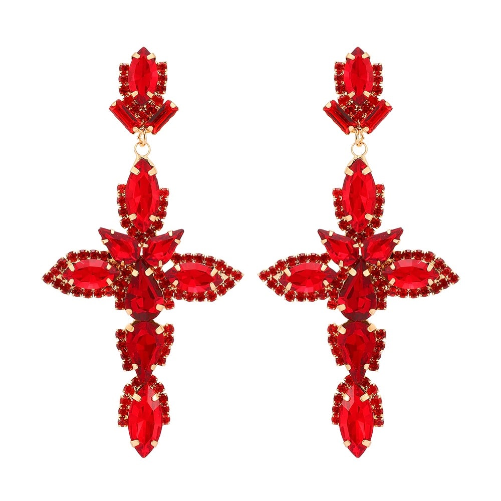 Cercei aurii, forma de cruce, cu pietre rosii, Regina C8 OUT
