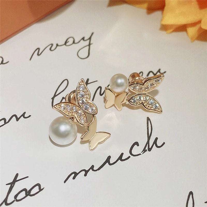 Cercei aurii, forma de fluturi, cu perle si pietre din zirconiu, Alfrida C14