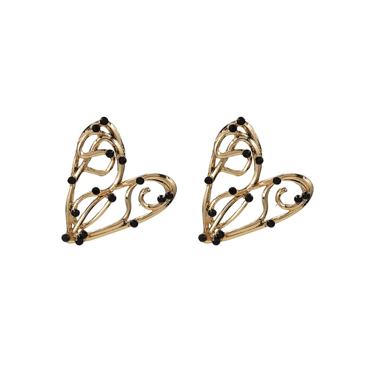 Cercei aurii, forma de inima, cu pietre negre, Angelo C5 - Pursehuit.ro