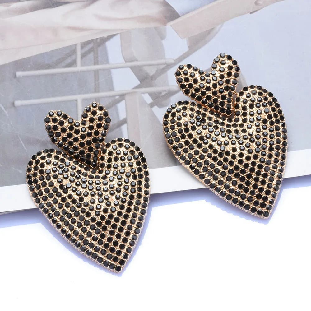 Cercei aurii, forma de inima, cu pietre negre, Rozeta C7