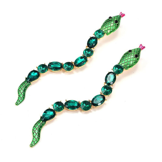 Cercei aurii, forma de sarpe, lungi, cu pietre verzi, Spencer C1 - Pursehuit.ro