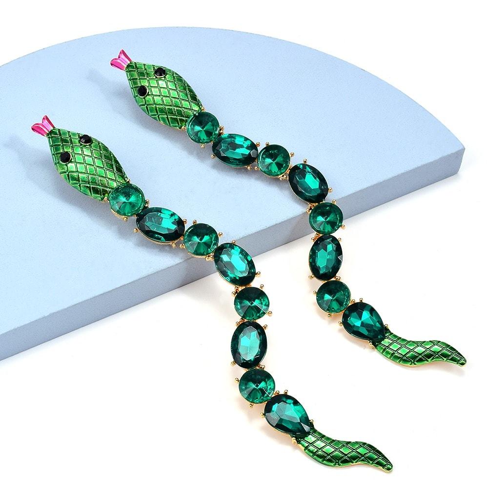 Cercei aurii, forma de sarpe, lungi, cu pietre verzi, Spencer C1 - Pursehuit.ro