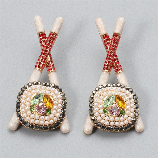 Cercei aurii, forma de sushi cu perlute, Saija C14 - Pursehuit.ro