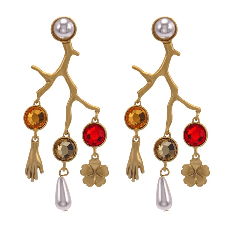 Cercei aurii, in forma de crengute, cu pietre si perle, Rudina C5