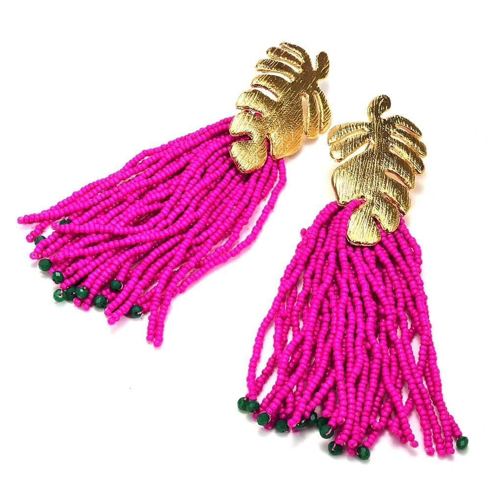 Cercei aurii, lungi, cu franjuri din margelute roz si frunza, Valeska C4 - Pursehuit.ro