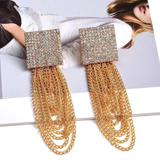 Cercei aurii, lungi, cu lanturi si pietre, Vanesa C1 - Pursehuit.ro