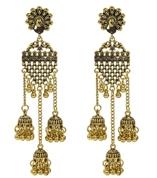 Cercei aurii, lungi, stil indian, cu clopotei si paun, Kaminda C34