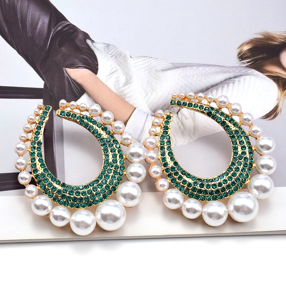 Cercei aurii, ovali, cu pietre verzi si perle, Gerner C5