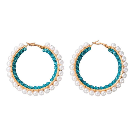 Cercei aurii, rotunzi, cu perle si cristale verzi, Mandie C8 - Pursehuit.ro