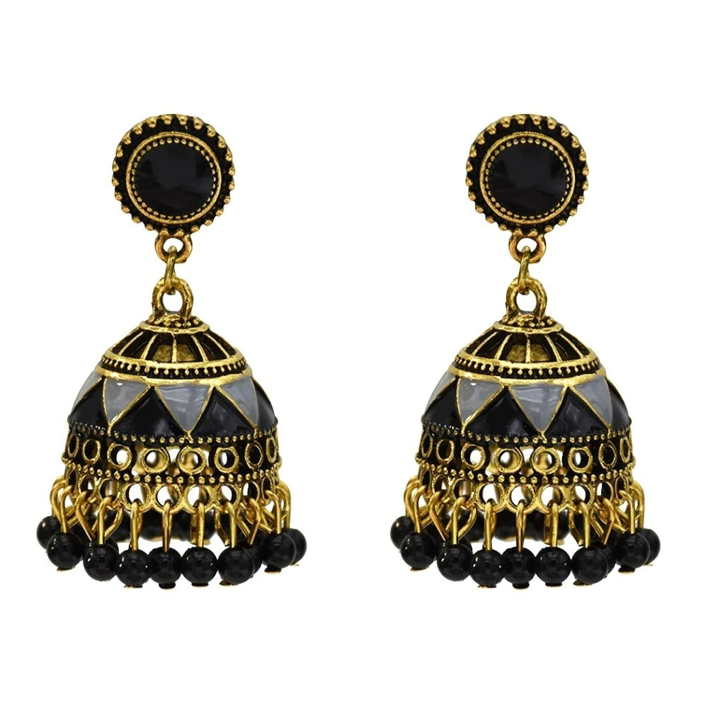 Cercei aurii, stil indian, cu clopotei si margelute negre, Alitha C25