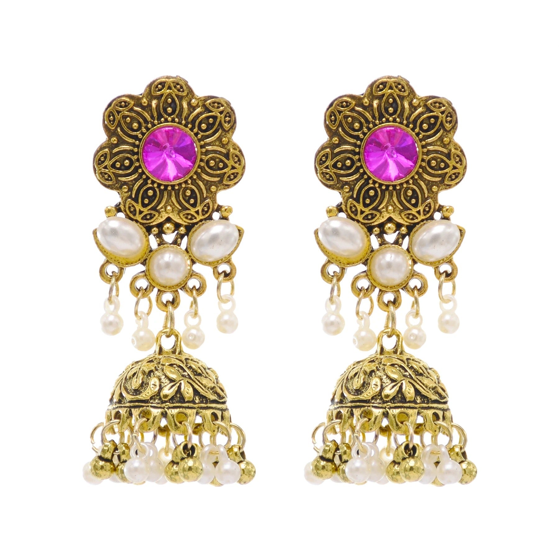 Cercei aurii, stil indian, cu pietre si perle, Sofine C6