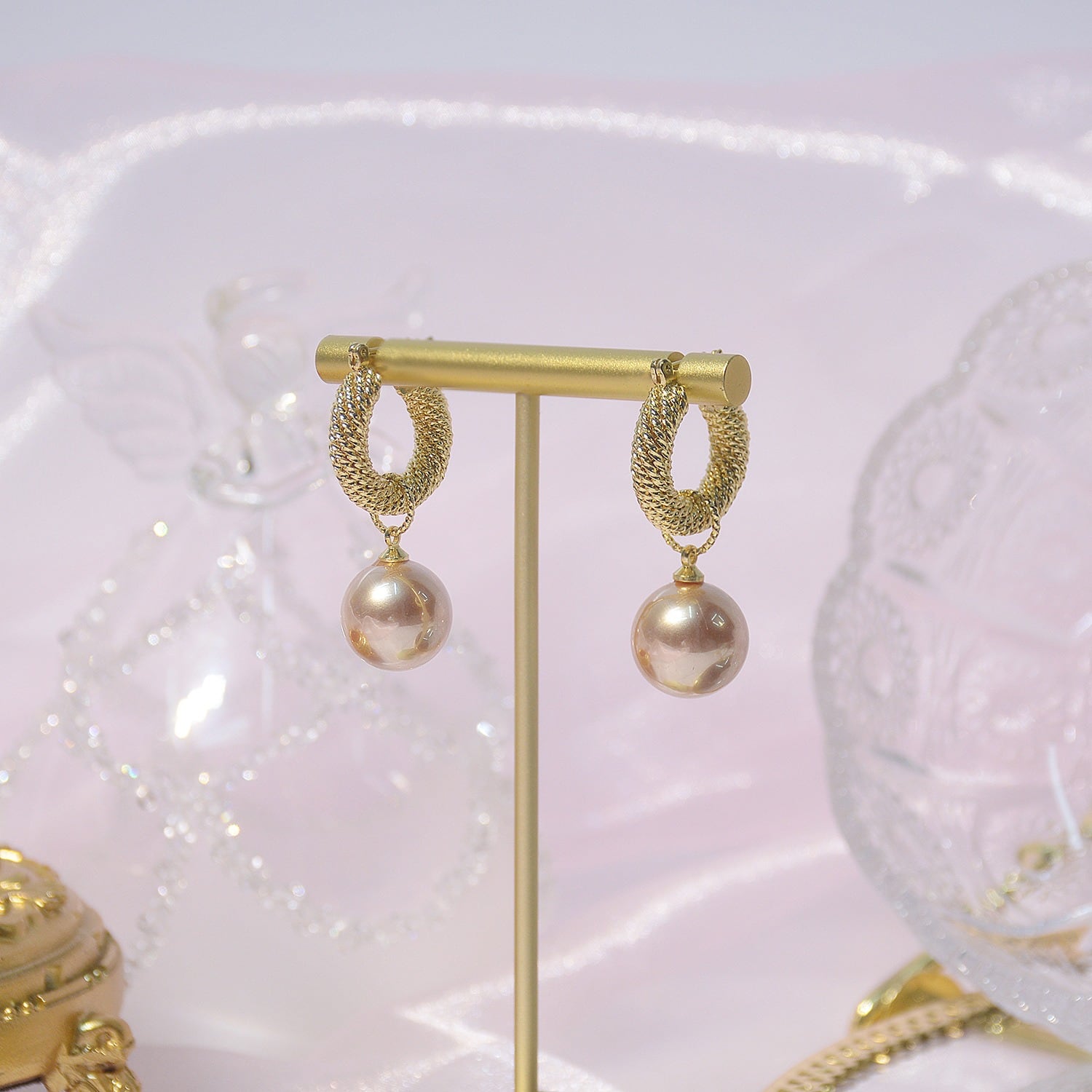 Cercei aurii, suflati cu aur 14k, cu perle, Githe C4