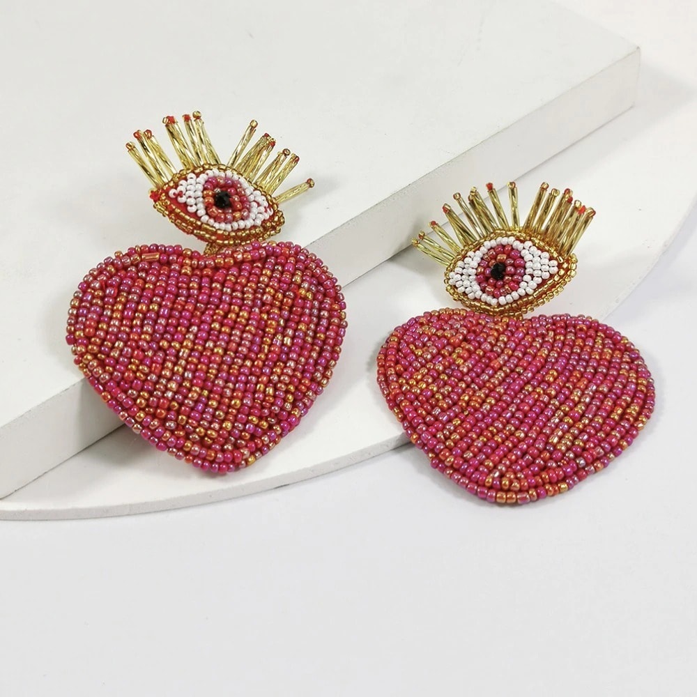 Cercei rosii, in forma de inima, cu margelute, Henrica C1