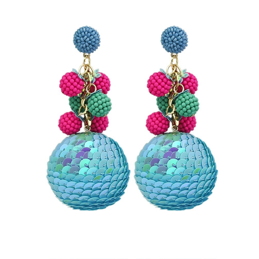 Cercei turquoise, cu sfera, paiete si margelute roz, Margitta C4 OUT