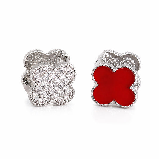 Cercei argintii, cu doua fete, din otel inoxidabil, suflati cu aur 18k, forma de trifoi, cu zirconii, Cressida C5
