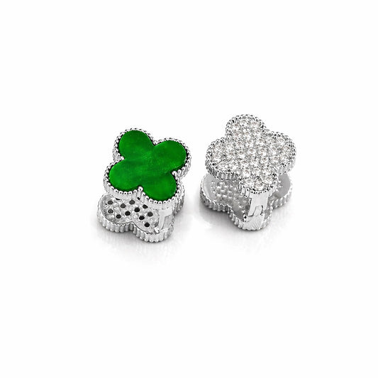 Cercei argintii, cu doua fete, din otel inoxidabil, suflati cu aur 18k, forma de trifoi, cu zirconii, Elaria C5
