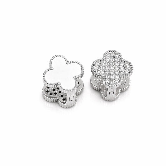 Cercei argintii, cu doua fete, din otel inoxidabil, suflati cu aur 18k, forma de trifoi, cu zirconii, Violetta C5