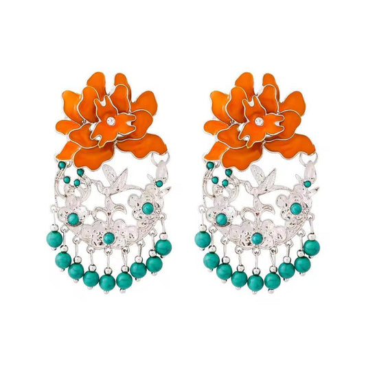 Cercei argintii, masivi, cu floare portocalie si margelute turquoise, Pernille C12 - Pursehuit.ro