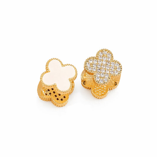 Cercei aurii, cu doua fete, din otel inoxidabil, suflati cu aur 18k, forma de trifoi, cu zirconii, Seraphine C5