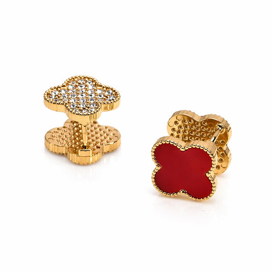 Cercei aurii, cu doua fete, din otel inoxidabil, suflati cu aur 18k, forma de trifoi, cu zirconii, Thalina C5
