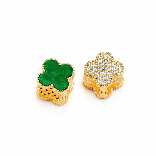 Cercei aurii, cu doua fete, din otel inoxidabil, suflati cu aur 18k, forma de trifoi, cu zirconii, Valerine C5