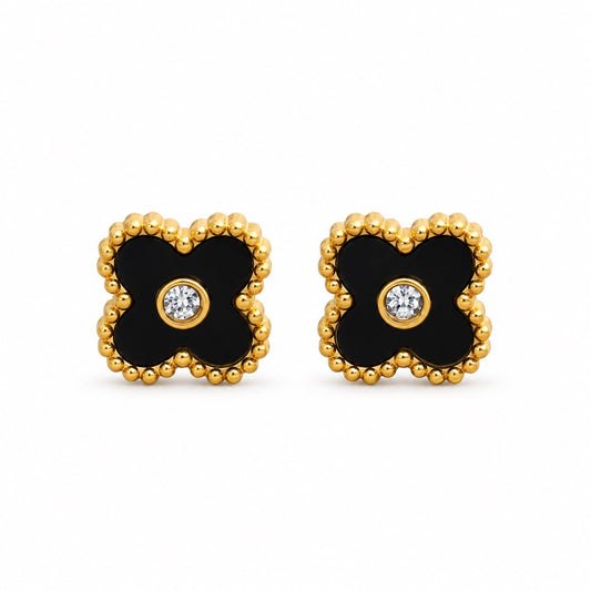 Cercei aurii, din otel inoxidabil 316L, forma de floricele, cu pietricele din zirconiu, suflati cu aur 18K PVD, Gea C1