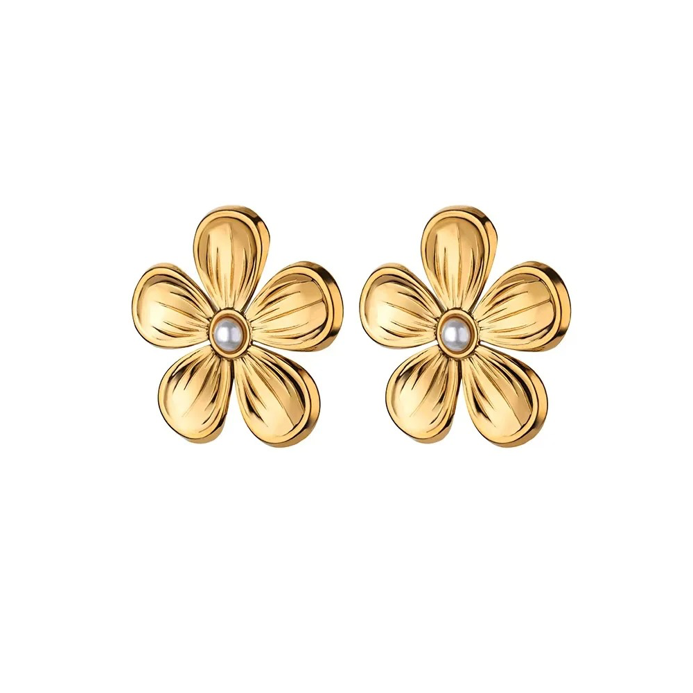 Cercei aurii, din otel inoxidabil, forma de floare, cu perlute, suflati cu aur 18k, Derek C5