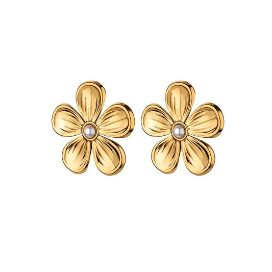 Cercei aurii, din otel inoxidabil, forma de floare, cu perlute, suflati cu aur 18k, Derek C5