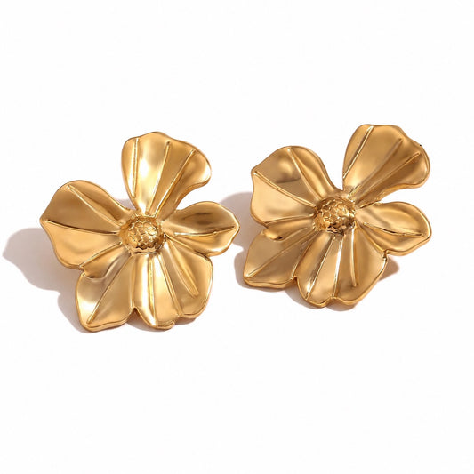 Cercei aurii, din otel inoxidabil, forma de floare, suflati cu aur 18k, Golla C4