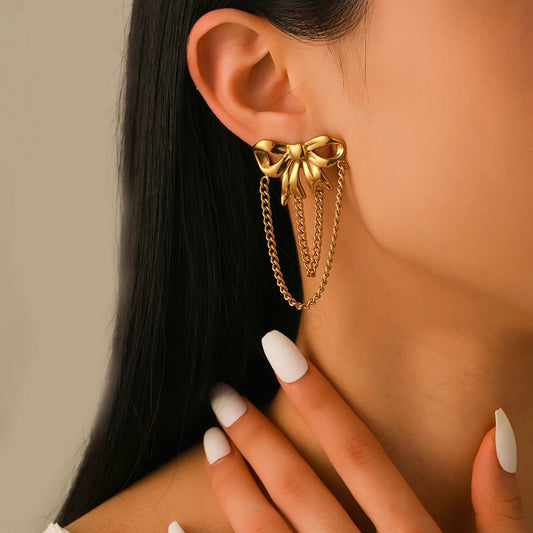 Cercei aurii, din otel inoxidabil, forma de fundite, cu lanturi, suflati cu aur 18k, Devan C5