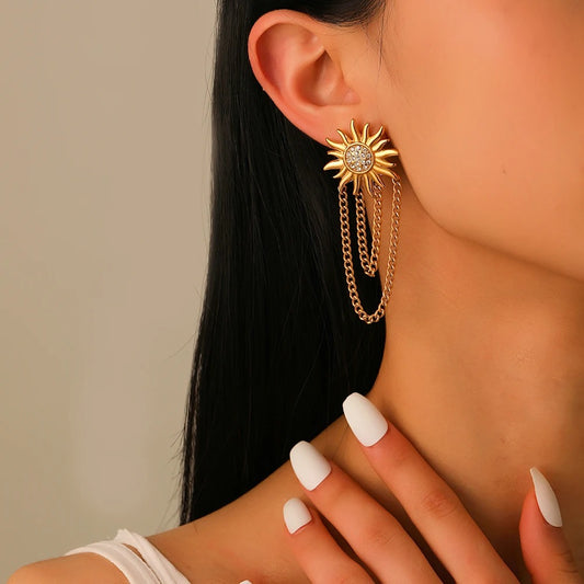 Cercei aurii, din otel inoxidabil, forma de soare, cu pietricele si lanturi, suflati cu aur 18k, Detmer C5