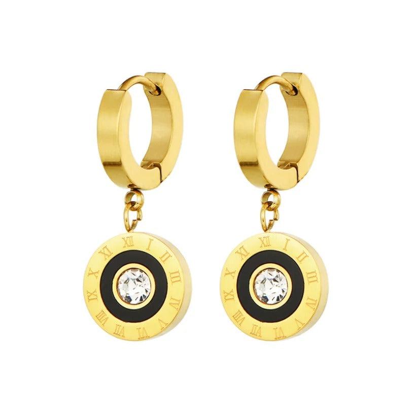 Cercei aurii, din otel inoxidabil, rotunzi, cu pietre, suflati cu aur 18k, Baroline C2 - Pursehuit.ro