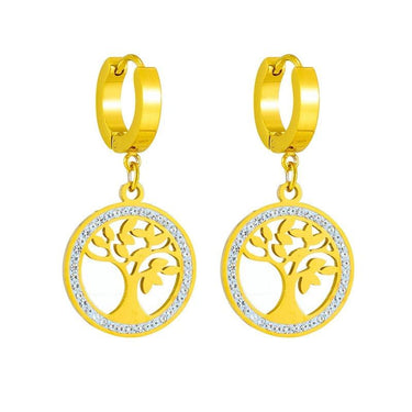 Cercei aurii, din otel inoxidabil, cu arborele vietii si cristale, suflati cu aur 18k, Barbara C2 - Pursehuit.ro