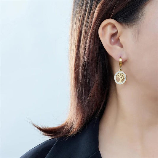 Cercei aurii, din otel inoxidabil, cu arborele vietii si cristale, suflati cu aur 18k, Barbara C2 - Pursehuit.ro