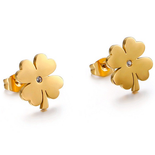 Cercei aurii, din otel inoxidabil, suflati cu aur 18k, forma de trifoi, cu zirconii, Delphine C3