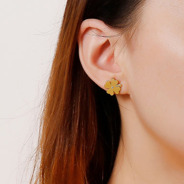 Cercei aurii, din otel inoxidabil, suflati cu aur 18k, forma de trifoi, cu zirconii, Delphine C3