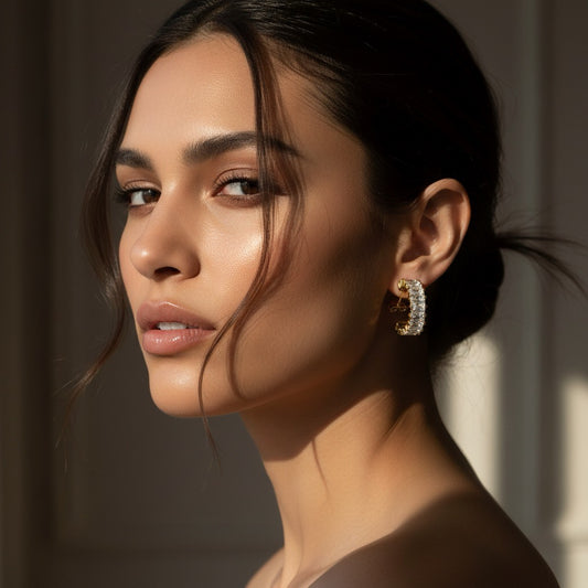 Cercei aurii, din otel inoxidabil, suflati cu aur 18k, semirotunzi, cu pietre din zirconiu, Kiera C2