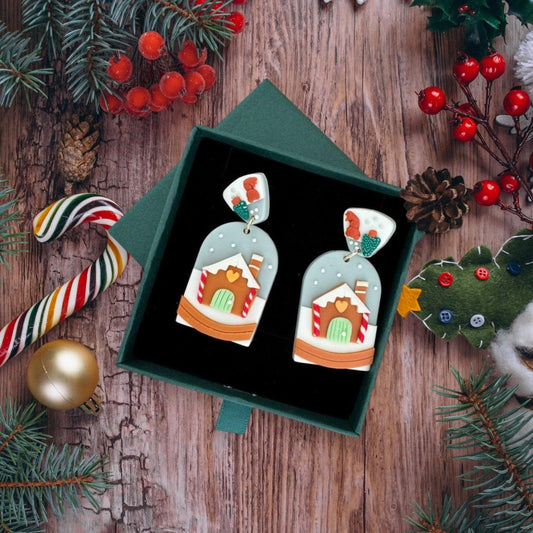 Cercei bleu, cu casuta de Craciun, plus cutie cadou, Elline C23 - Pursehuit.ro