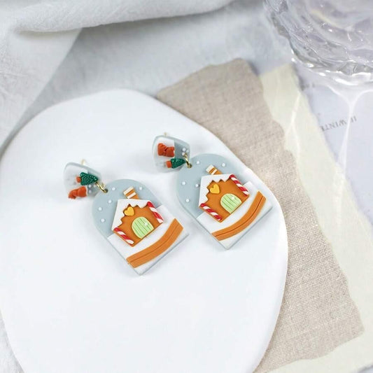 Cercei bleu, cu casuta de Craciun, plus cutie cadou, Elline C23 - Pursehuit.ro