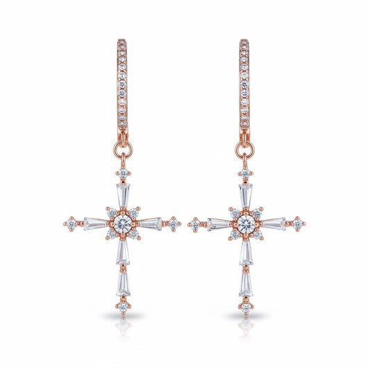 Cercei rose gold, forma de cruce, cu pietre din zirconiu, Conrad C7