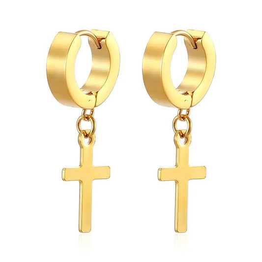 Cercei aurii, din otel inoxidabil 316L, forma de cruciulite, suflati cu aur 18K PVD, Forsete C1