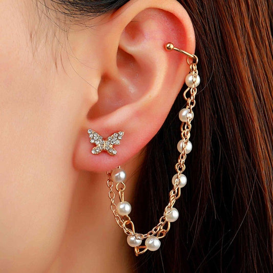 Cercel ear cuff, auriu, cu fluture, pietre si perle, Rozalia C5