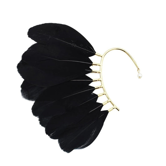 Cercel ear cuff, auriu, cu pene negre, Robin C2