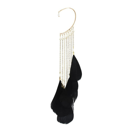 Cercel ear cuff, auriu, lung, cu pene negre, Rita C1 OUT