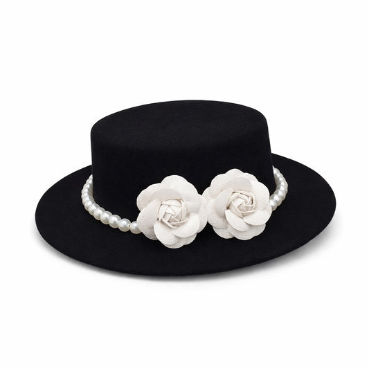 Palarie neagra, stil canotiera, handmade, cu flori si perle, Senna